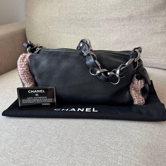 CHANEL Black Leather Pink Brown Tweed Trim Chainlink Barrel Shoulder Bag Y2K - Picture 1 of 10
